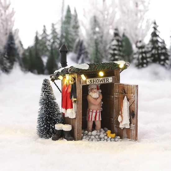 Luville Village de Noël miniature : Père Noël nu - Décorations de Noël pour votre village de Noël - Décorations de Noël d'intérieur - Guirlande lumineuse avec éclairage blanc chaud - L 10 x l 8,5 x H 11 cm
