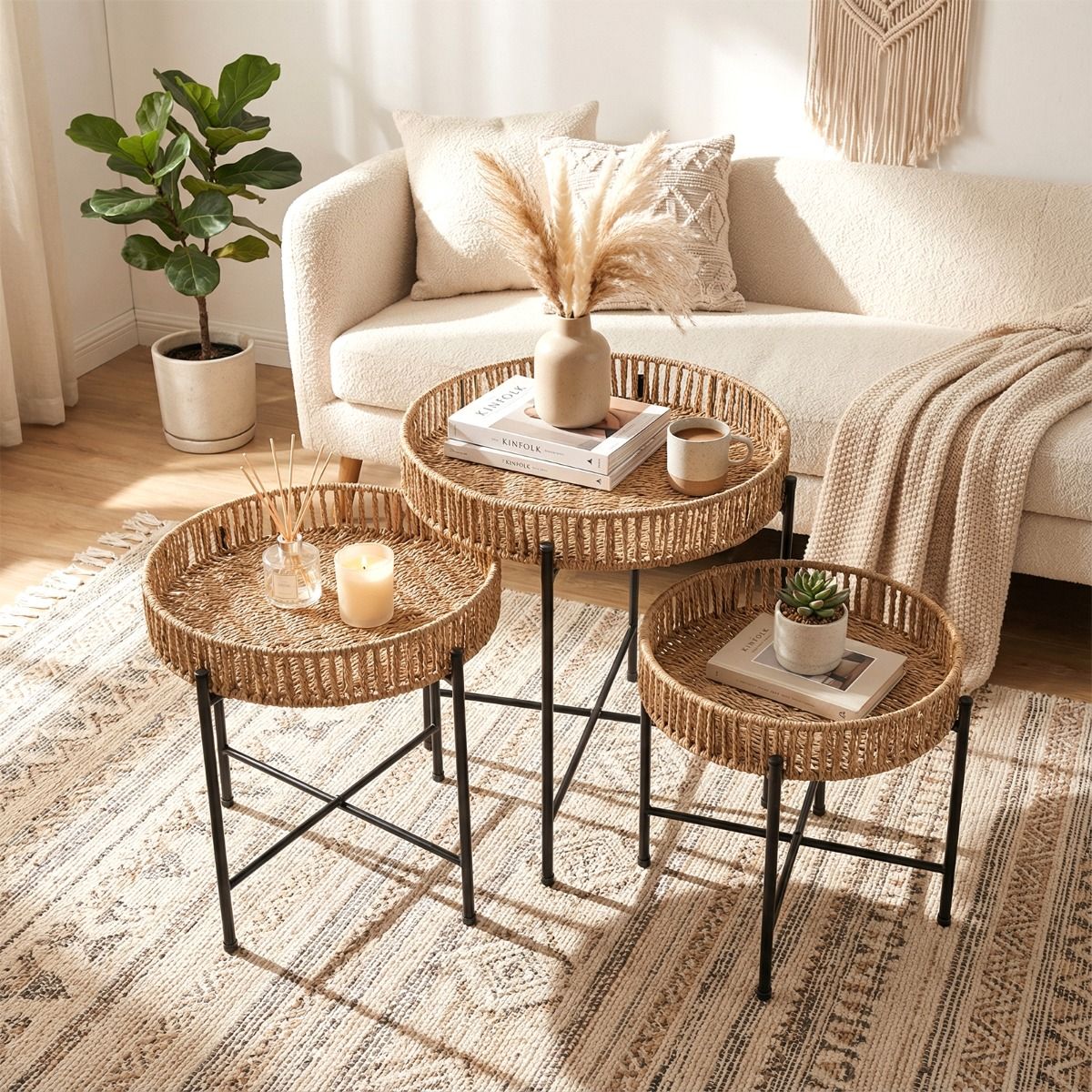 Ensemble de tables d'appoint rondes Coast - tressage bohème fait main - pieds en métal - couleur naturelle - lot de 3
