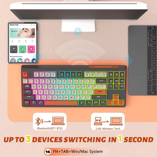 Clavier de jeu sans fil M87 RGB - 87 touches - BT5.0/2.4G - PBT Ball Keycaps - Shimmer