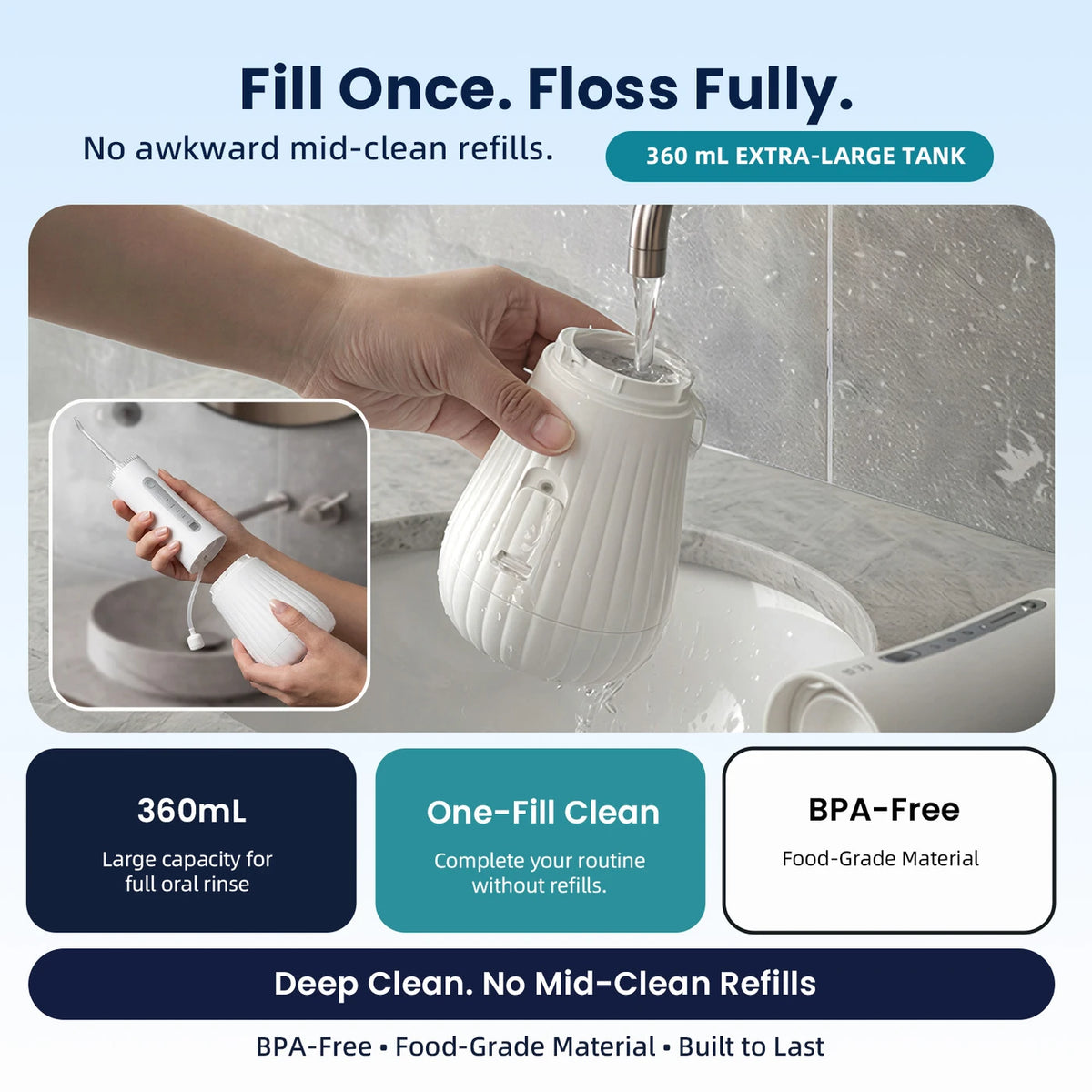 Hydropulseur Bair Care M11 - Blanc - Stérilisation par UV - Réservoir de 360 ml - 4 modes - 3 embouts - IPX8 - USB-C