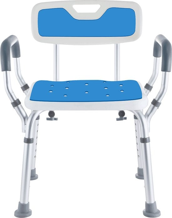 Chaise de douche SafeLife avec dossier et accoudoir amovibles - antidérapant - hauteur réglable - blanc/bleu
