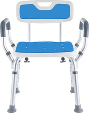 Chaise de douche SafeLife avec dossier et accoudoir amovibles - antidérapant - hauteur réglable - blanc/bleu