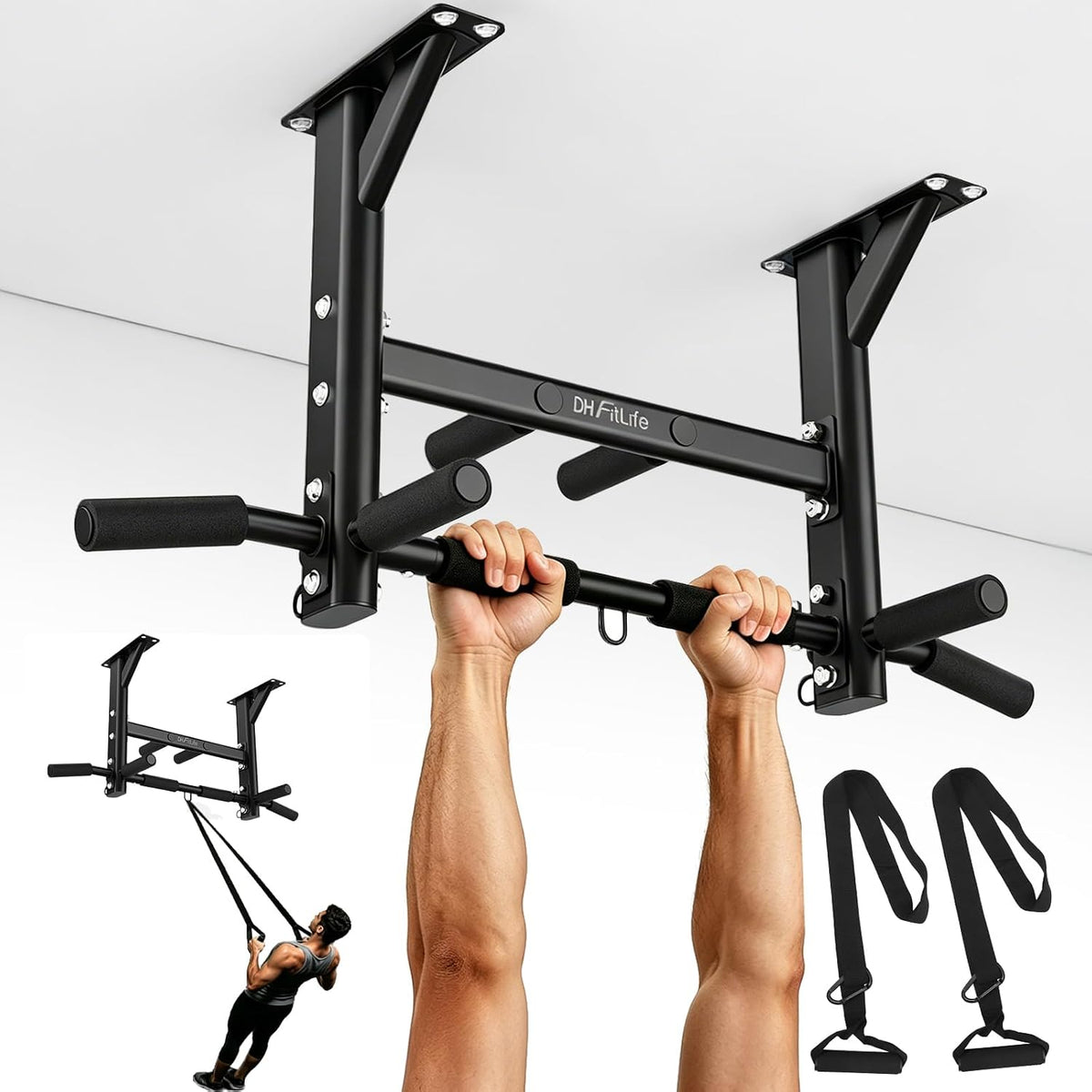 Barre de traction de plafond DH FitLife 4-en-1 - 8 prises - Jusqu'à 300 kg - 44,5 x 25,5 cm - Noir