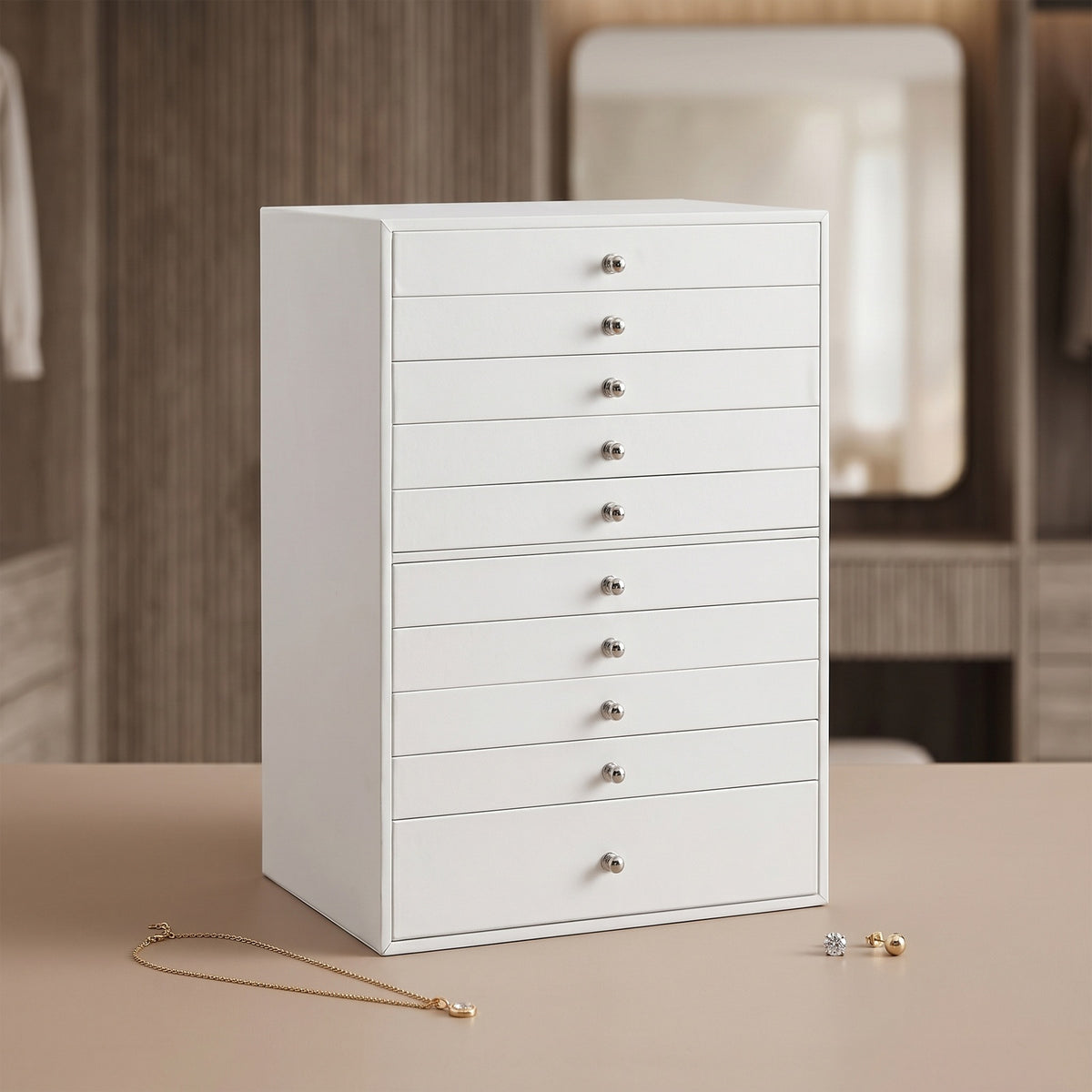 JOYFURNOS Organiseur à bijoux avec tiroirs, grande boîte de rangement, idée cadeau moderne pour la chambre à coucher, 10 étages, blanc