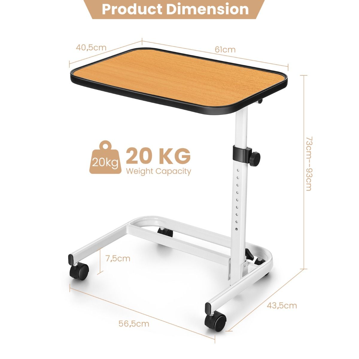 Table de lit Coast - Réglable en hauteur sur 9 positions - Plateau inclinable - couleur naturelle