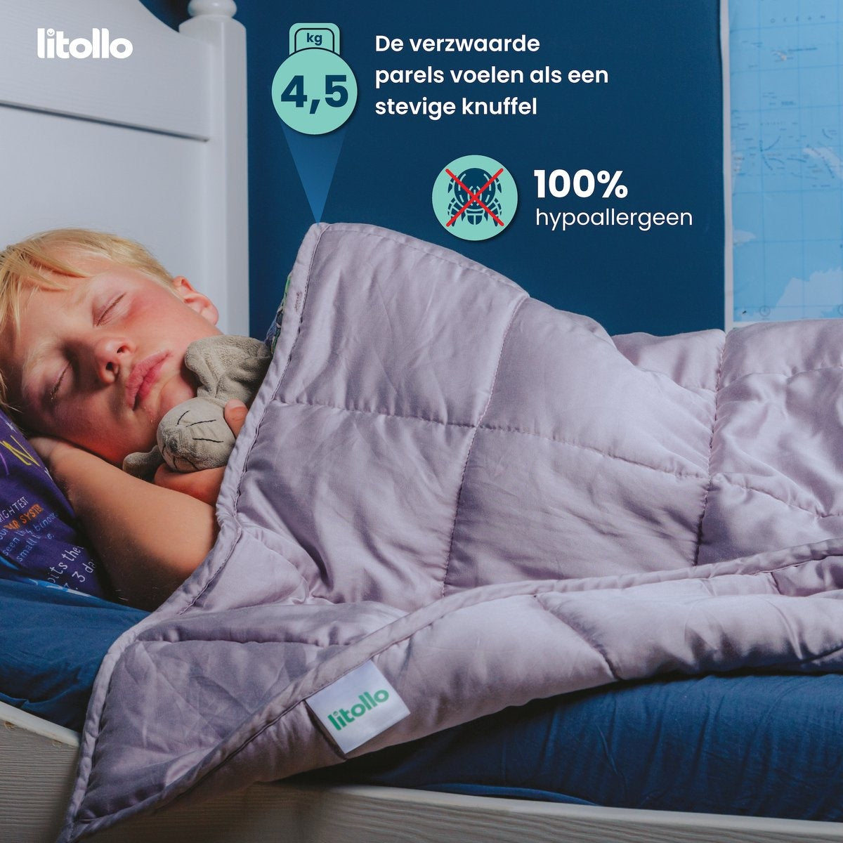 Litollo Verzwaringsdeken Kind 4,5 kg Met Dierpatroon buitenhoes - Duurzaam Bamboe Materiaal - Grijs - 100x150cm