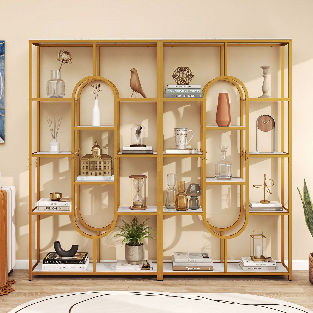 Bibliothèque Coast sur pied - Étagère ouverte à 5 niveaux - Design géométrique - Blanc et or - 95 x 30 x 175 cm