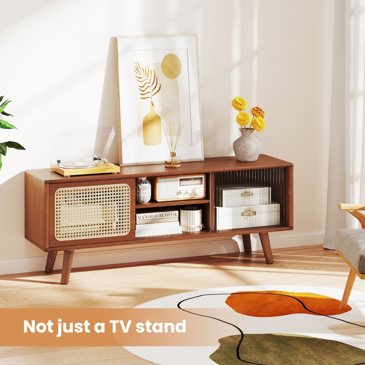 Meuble TV Coast - bambou avec porte coulissante en osier et verre - étagère réglable - marron - 120,5 x 31 x 45,5 cm