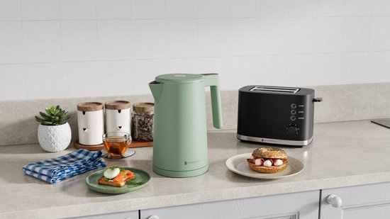 KitchenBrothers Bouilloire - 1,7L - Avec contrôle de la température - Électrique - Fonction maintien au chaud - Affichage - Double paroi - Cool-touch - 2200W - Vert pastel