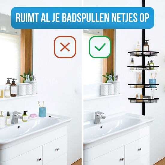 Etagère de salle de bain - Strex - Etagère de douche d'angle - Réglable - 70-275 cm - 4 paniers - Noir