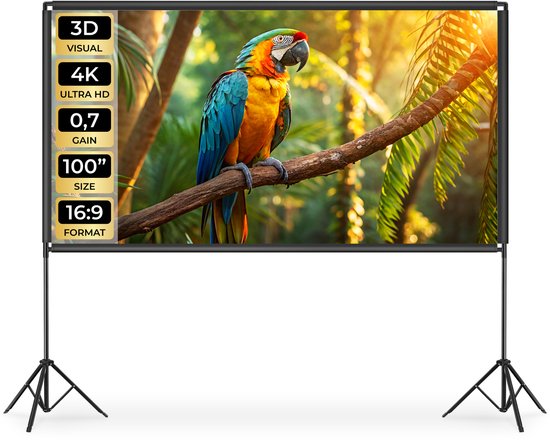 Écran de projection tectake® - 100 pouces (257 cm) - Écran de projection 16:9 avec double trépied - 4K HD - Enroulable - Extensible - Toile de projection - Écran de présentation - Home cinéma - Sac de transport inclus