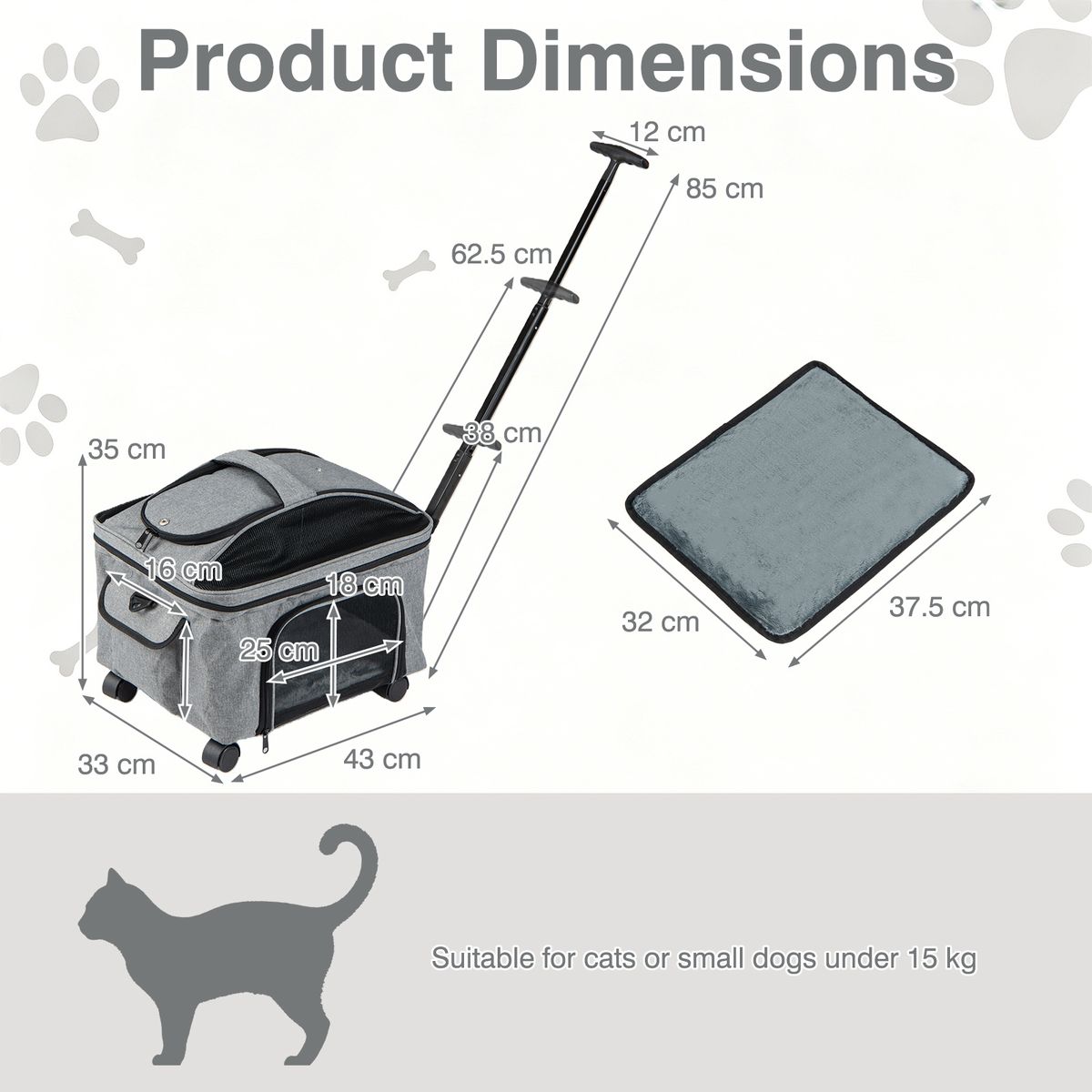 Coast : cage de transport pliable pour chats et petits chiens - avec roulettes - 3 modes de transport - gris