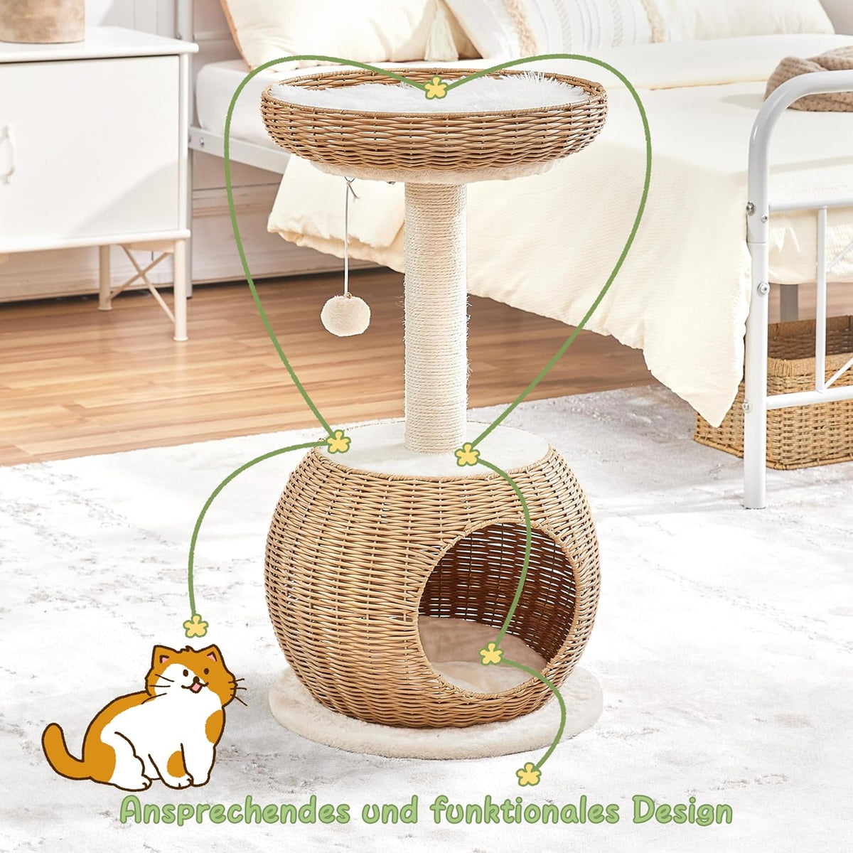 Yaheetech Cat Scratch Post with Basket and Cat House - 75 cm - Beige - Compact and Sturdy Design