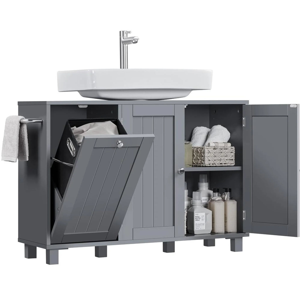 Meuble sous-lavabo Yaheetech avec découpe en U et panier à linge 90 x 30 x 62,5 cm – Gris foncé – MDF et métal