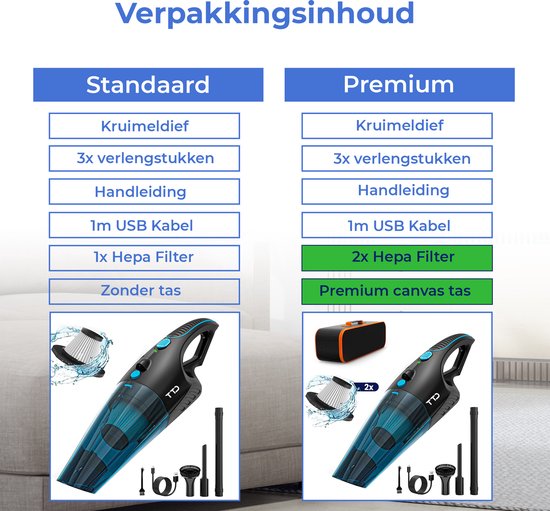 TTD® Premium Aspirateur de voiture sans fil avec sac de rangement de luxe - Extra puissant 14 000 Pa - humide et sec - 2 filtres HEPA de qualité supérieure inclus - Aspirateur de miettes sans fil - Aspirateur de voiture - Aspirateur à main - Dépoussiéreur