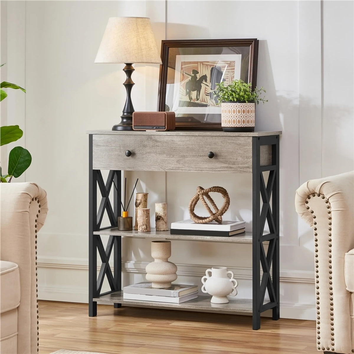 Table murale Yaheetech 80 x 29,5 cm avec tiroir coulissant et 2 étagères – Gris – MDF et métal
