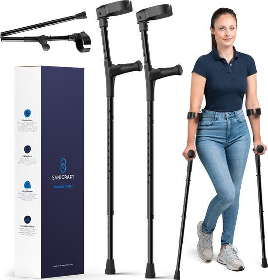 SaniCraft Elbow Crutch Crutchs Set Of Two Pieces - équipé d'une poignée ergonomique en gel, de capuchons absorbant les chocs et d'un cadre pliable - pour la rééducation et la mobilité - aluminium noir - cent vingt kilogrammes