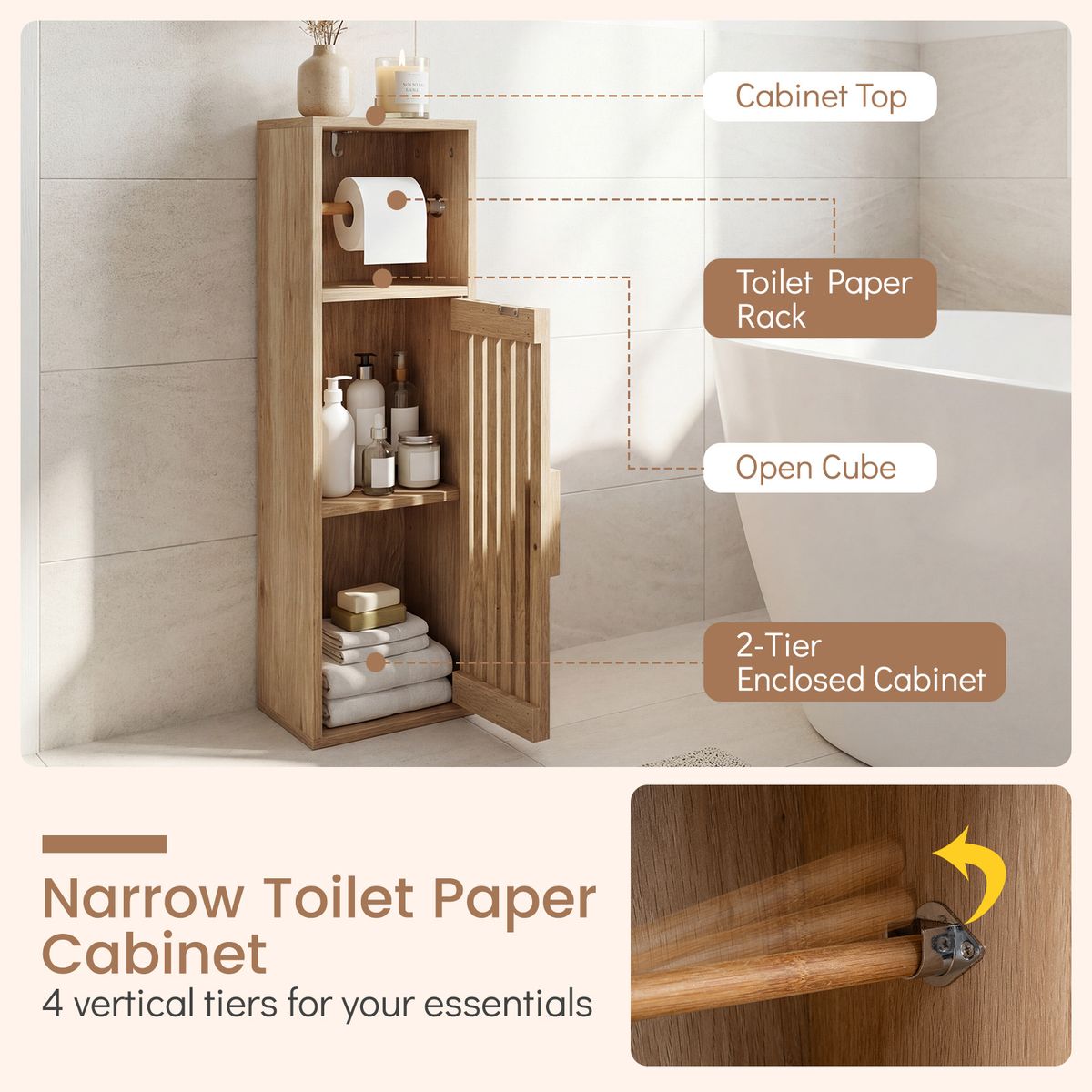 Armoire de salle de bains Coast Smalle - porte-papier toilette - étagère réglable - couleur naturelle 20 x 19 x 78 cm