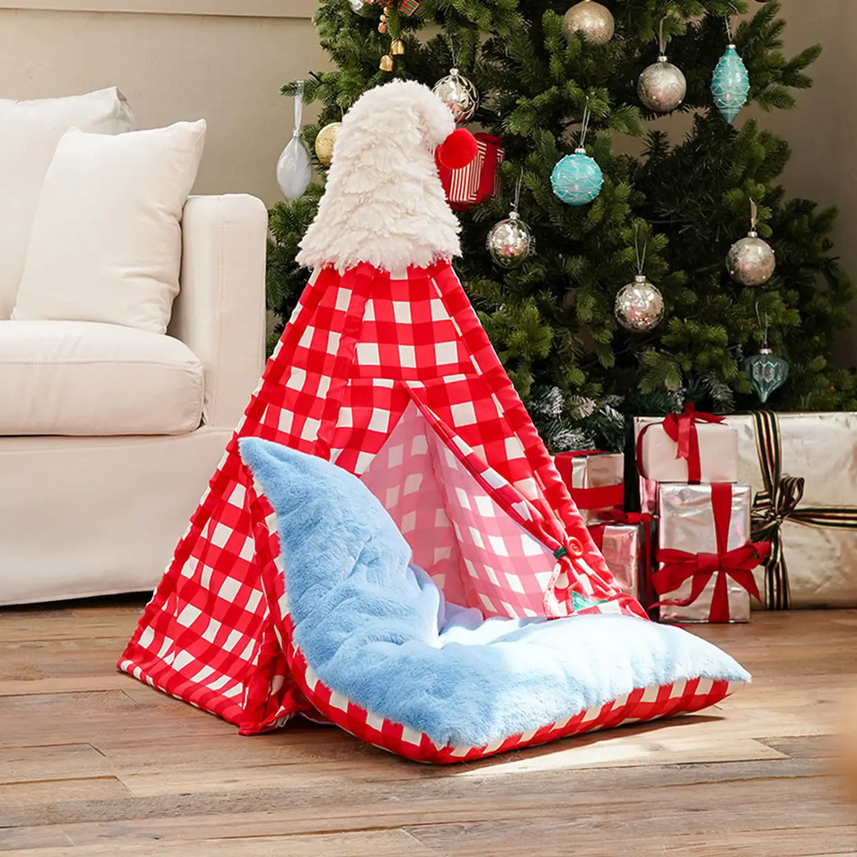 Tente pour animaux de compagnie Zeze avec bonnet de Noël - à carreaux rouges et blancs - 60 × 60 × 78 cm