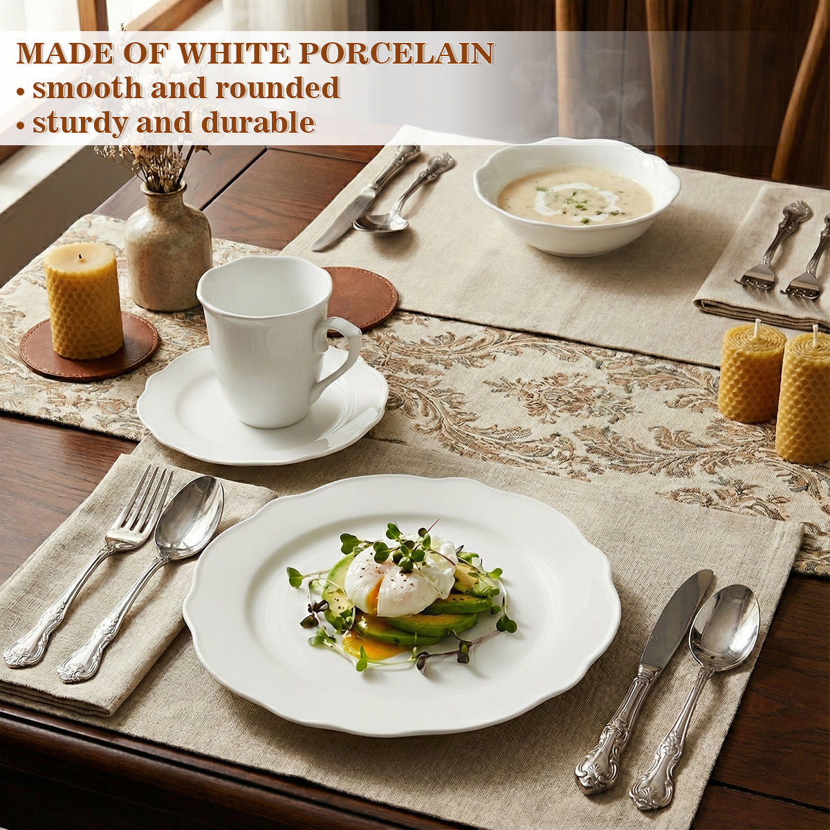 Service de table en forme de fleur de lotus - élégantes assiettes et bols en céramique blanche