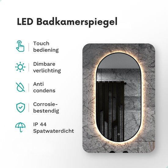 Mirlux Miroir de salle de bain avec éclairage LED et chauffage - Miroir mural ovale - Cadre noir - 100x50CM
