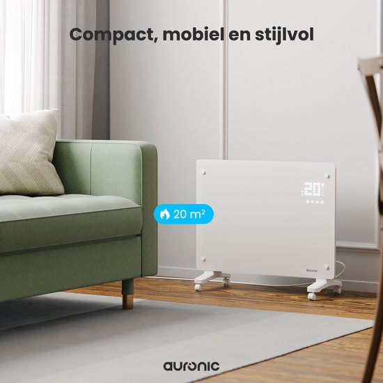 Auronic Electric Heater - Convector Heater with Thermostat and Remote Control - Glass Panel Heater - 1500W Heater - White