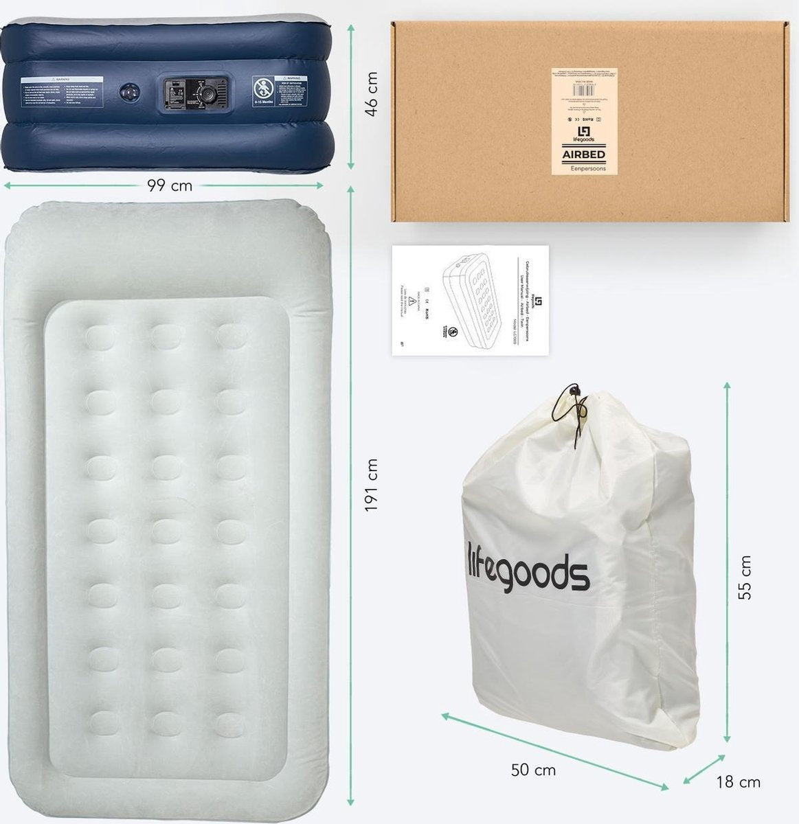 Lit gonflable 1 personne - LifeGoods - pompe intégrée - sac de transport+kit de réparation inclus - blanc-bleu