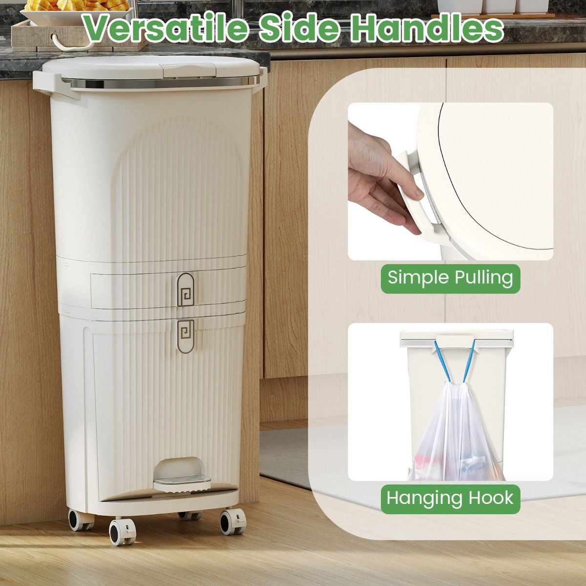 Poubelle de cuisine Coast - Tri sélectif à 3 compartiments - pédale et roulettes - beige/blanc - 42 litres