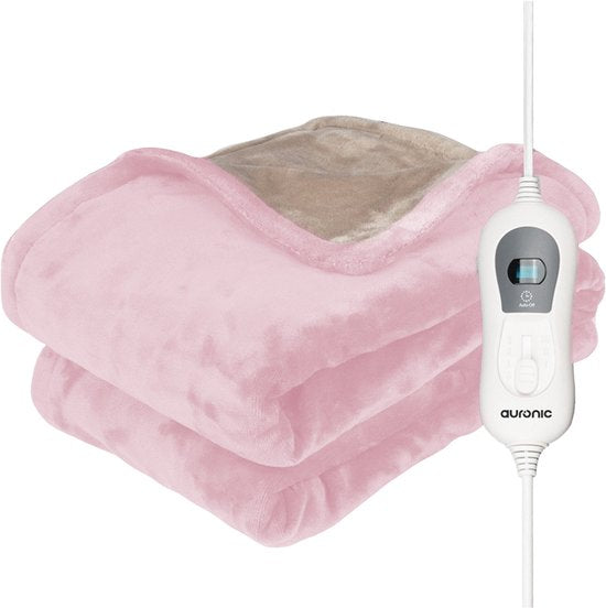 Couverture électrique Auronic - 200x180cm - Couverture chauffante - 2 personnes - 3 niveaux de chaleur - Couverture - Avec minuterie - Couverture chauffante - Rose