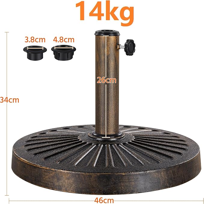 Pied de parasol Yaheetech 46 x 46 cm – Pour mâts de parasol de Ø 3,8 et 4,8 cm – Résistant aux intempéries