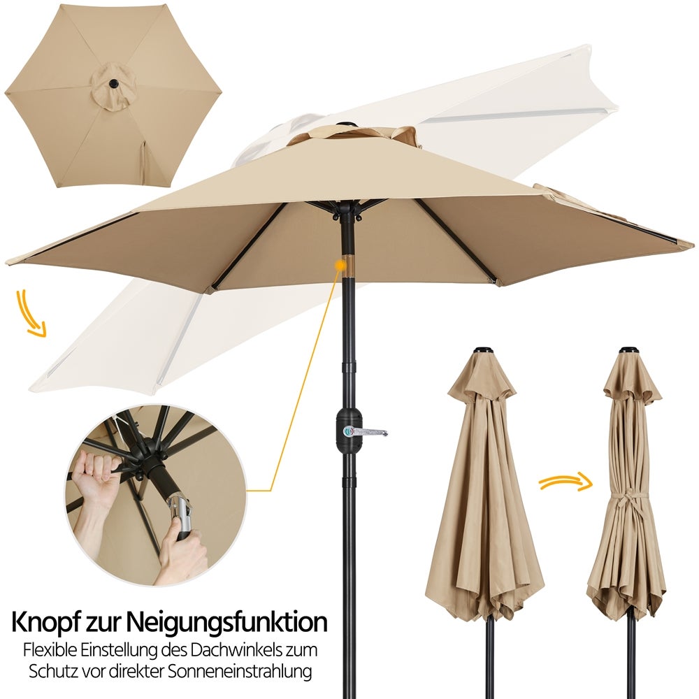 Parasol Yaheetech avec manivelle - Inclinable - UPF 50+ - ø 226 x 240 cm - Marron clair