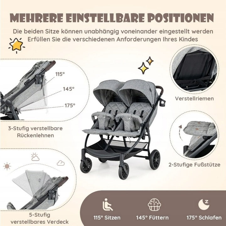 Coast Poussette double - Max 15 kg par siège - 0-3 ans - Gris