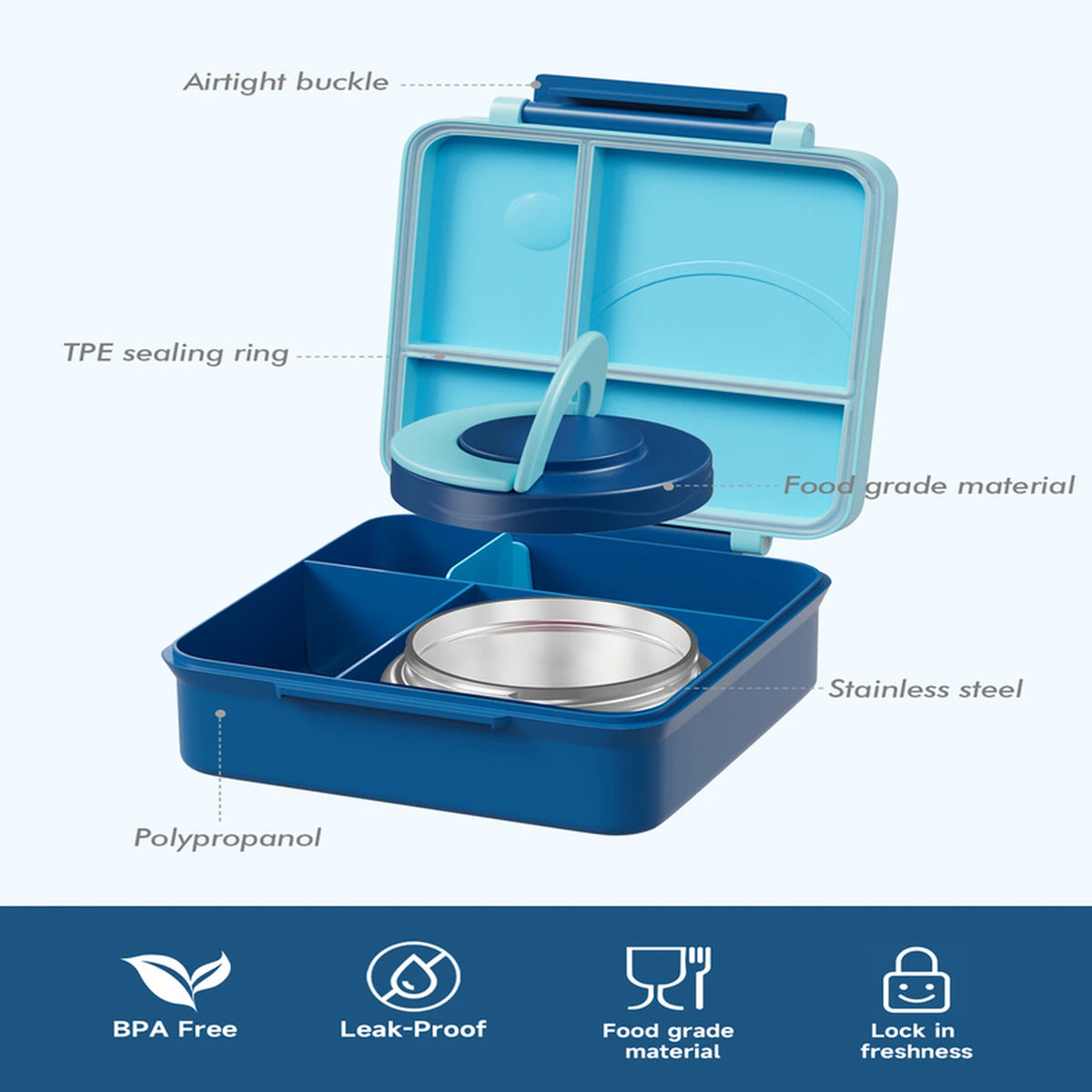 Boîte à repas Meoky à compartiments - Fermeture simple - 54 oz - Bleu