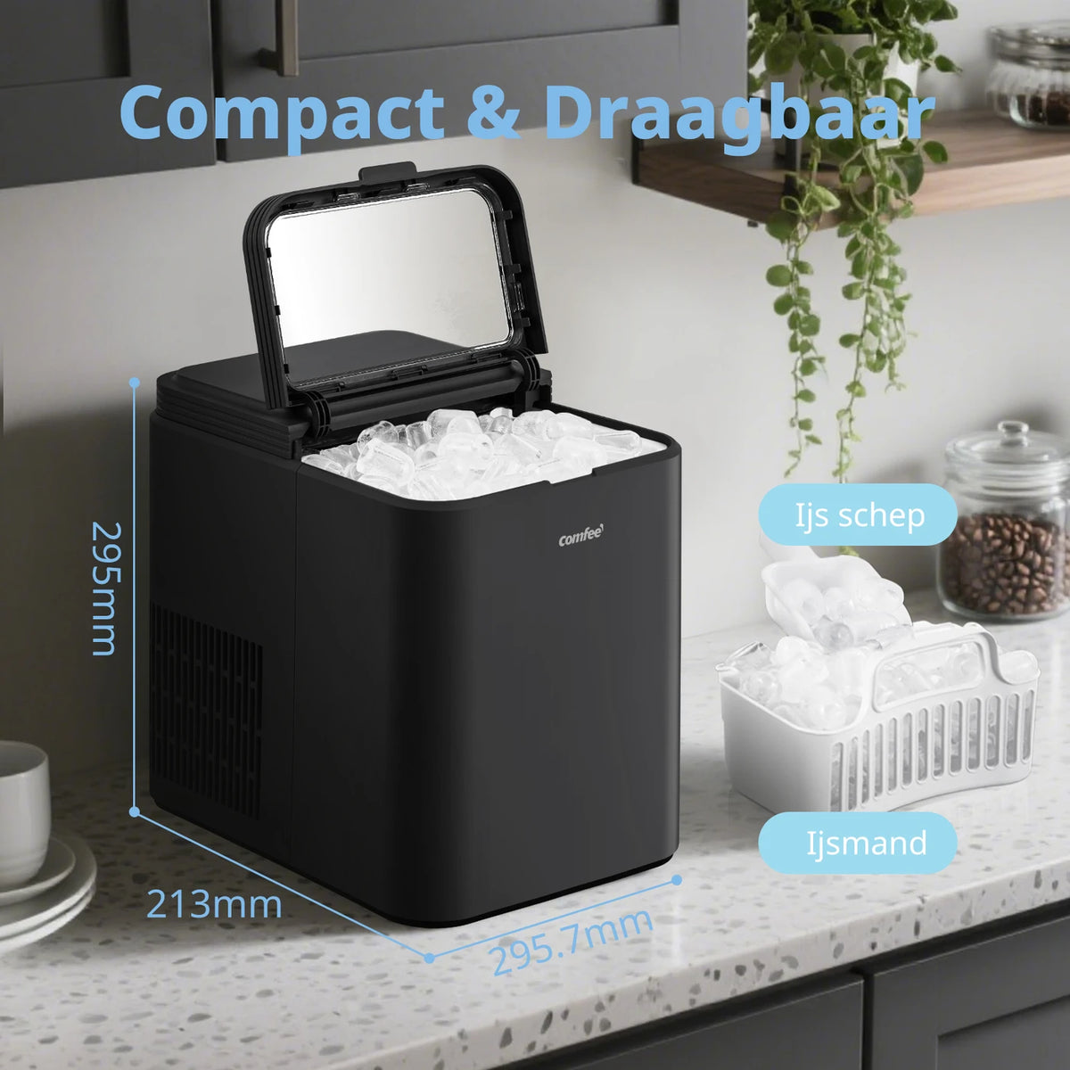 Machine à glaçons Comfee RCI12BL1EU - 12 kg de glace par jour - Autonettoyante - 29,5 x 21,3 x 29,5 cm - Noir