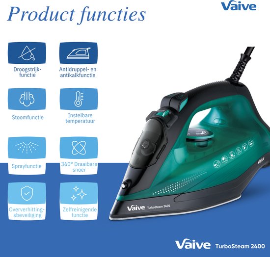 VAIVE TurboSteam 2400 - Fer à vapeur - Fers à vapeur - 2400W - Réservoir d'eau 320 ML - Fonction bosse de vapeur