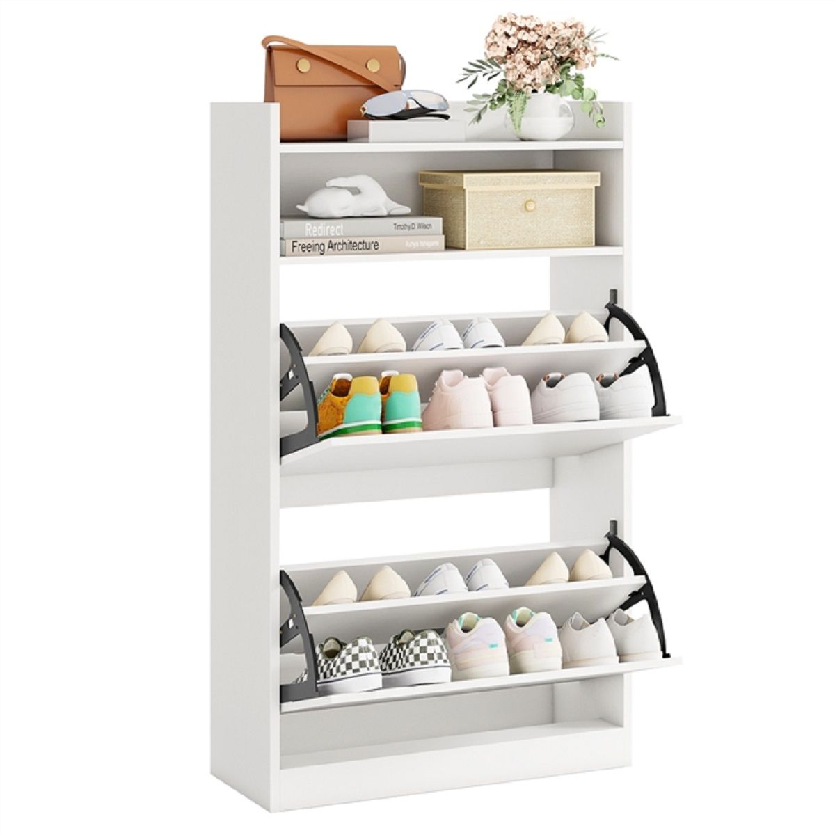 Armoire à chaussures Coast - 2 compartiments rabattables - design élancé et peu encombrant - blanc/aspect bois rustique