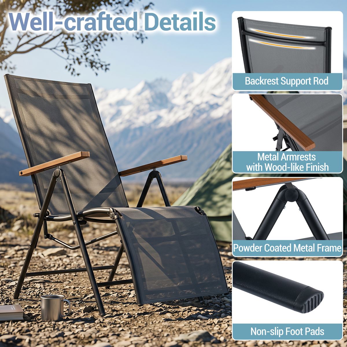 Chaise longue pliable Coast - dossier réglable sur 5 positions - tissu respirant - gris - 1 pièce