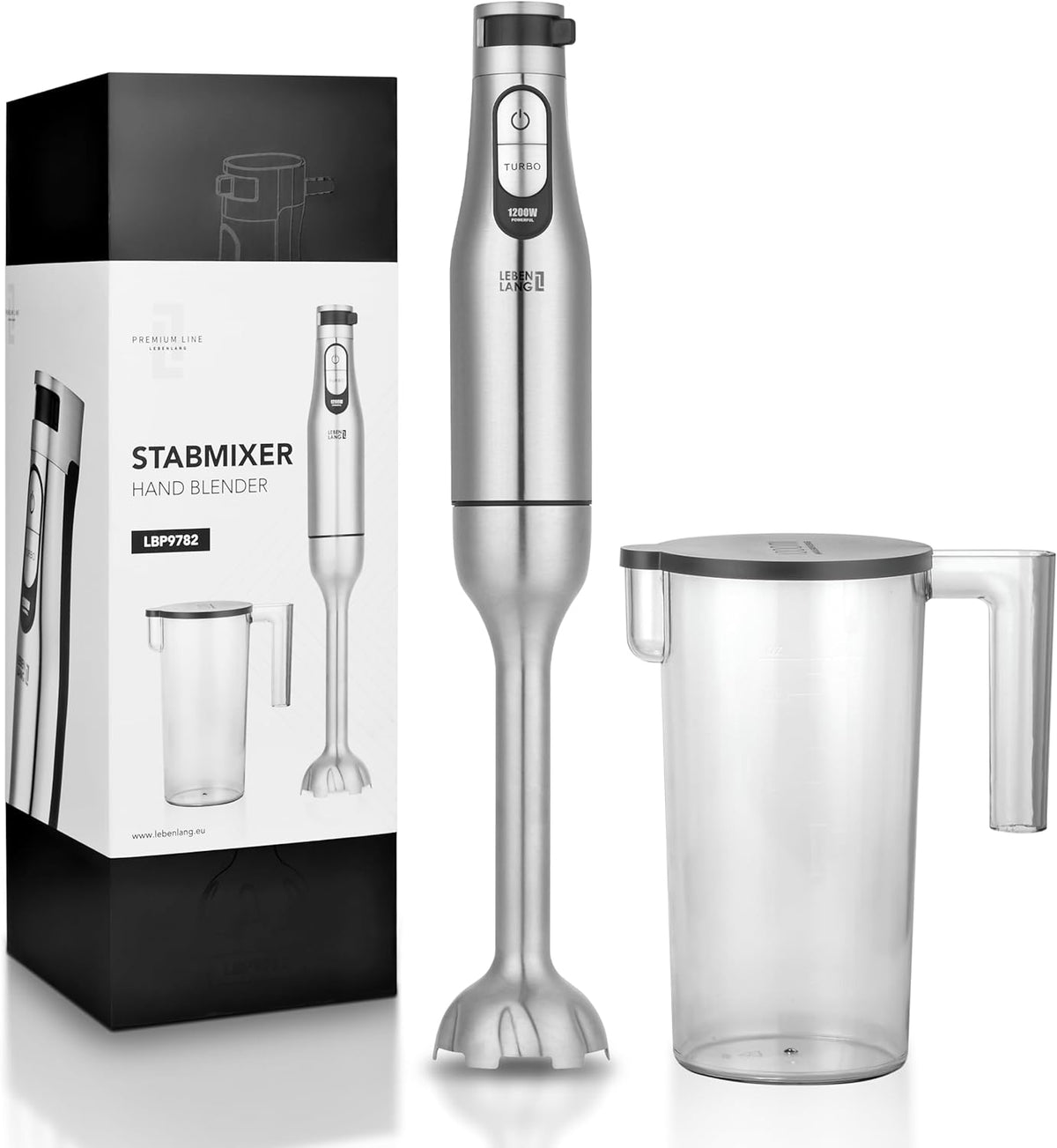 LEBENLANG - Premium Hand Blender 1200W - Acier inoxydable - avec tasse de mesure de 1000ml, protection contre les éclaboussures et fonction Turbo - réglable en continu - sans BPA