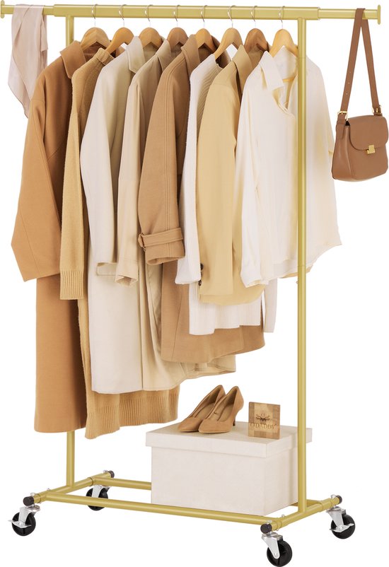 O'DADDY® Porte-vêtements sur roulettes - Porte-vêtements - Porte-vêtements réglable - Porte-vêtements extensible - Stable jusqu'à 90 kg - Porte-vêtements de rangement - Doré - 160 cm