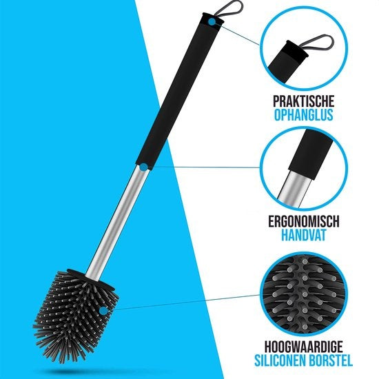 Strex Brosse de Toilette en Silicone avec Support Noir - Séchage Rapide, Hygiénique & Antibactérien - Brosse WC - Porte-Brosse de Toilettes