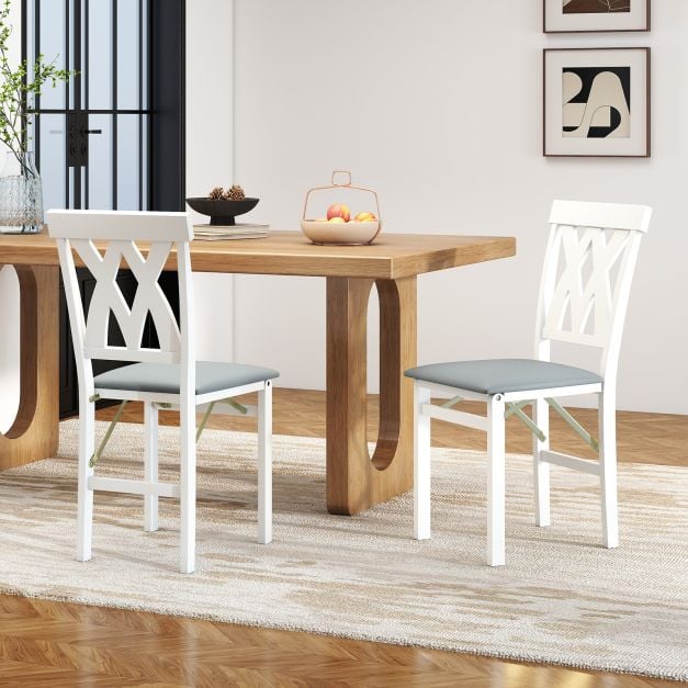 Ensemble Coast de 2 chaises de salle à manger pliantes, sans accoudoirs, avec dossier à lattes et coussin rembourré - Bois d'hévéa - 41 x 53 x 91 cm - Blanc
