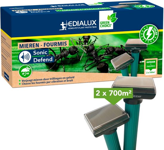 Edialux Sonic Defend Mieren Solar, répulsif anti-fourmis à énergie solaire, protège votre jardin contre les fourmis grâce à des vibrations et des signaux sonores ; sans danger pour les animaux domestiques et les organismes vivant sous terre ; surface maxi