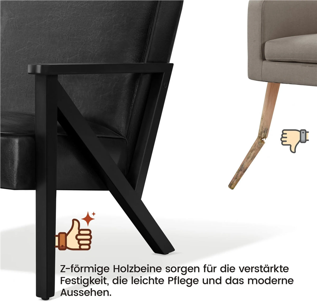 Fauteuil de salon vintage Yaheetech / Fauteuil à pieds en Z 78 x 67 x 79,5 cm – Noir mat – Simili cuir PU et bois de caoutchouc
