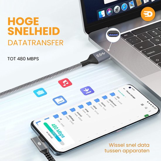 Drivv. Câble USB vers USB C - Angulaire - Modèle 2024 - Câble de données et de charge USB C - Charge rapide / charge rapide - 3 mètres - Convient à iPhone 15, Samsung et autres, entre autres - Gris