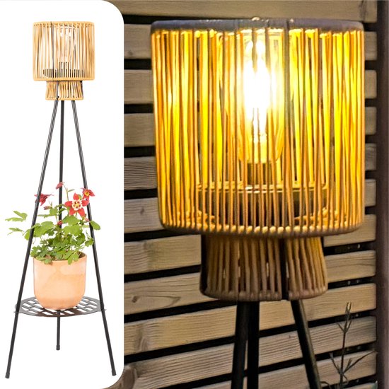 Lampadaire de jardin Gadgy Solar pour terrasse - Lampe d'extérieur à énergie solaire pour balcon et jardin - Lampe de jardin LED à trépied avec port USB - Lanterne d'extérieur - Rotin marron