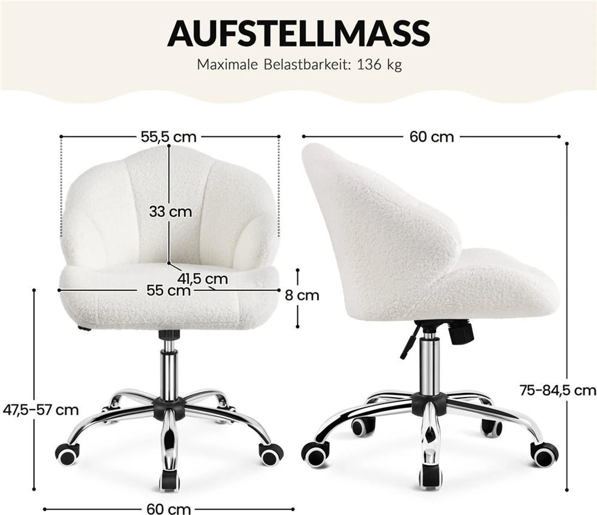 Yaheetech : élégante chaise pivotante au design en coquille, 76,5-86 cm – Blanc neige – Polyester et métal