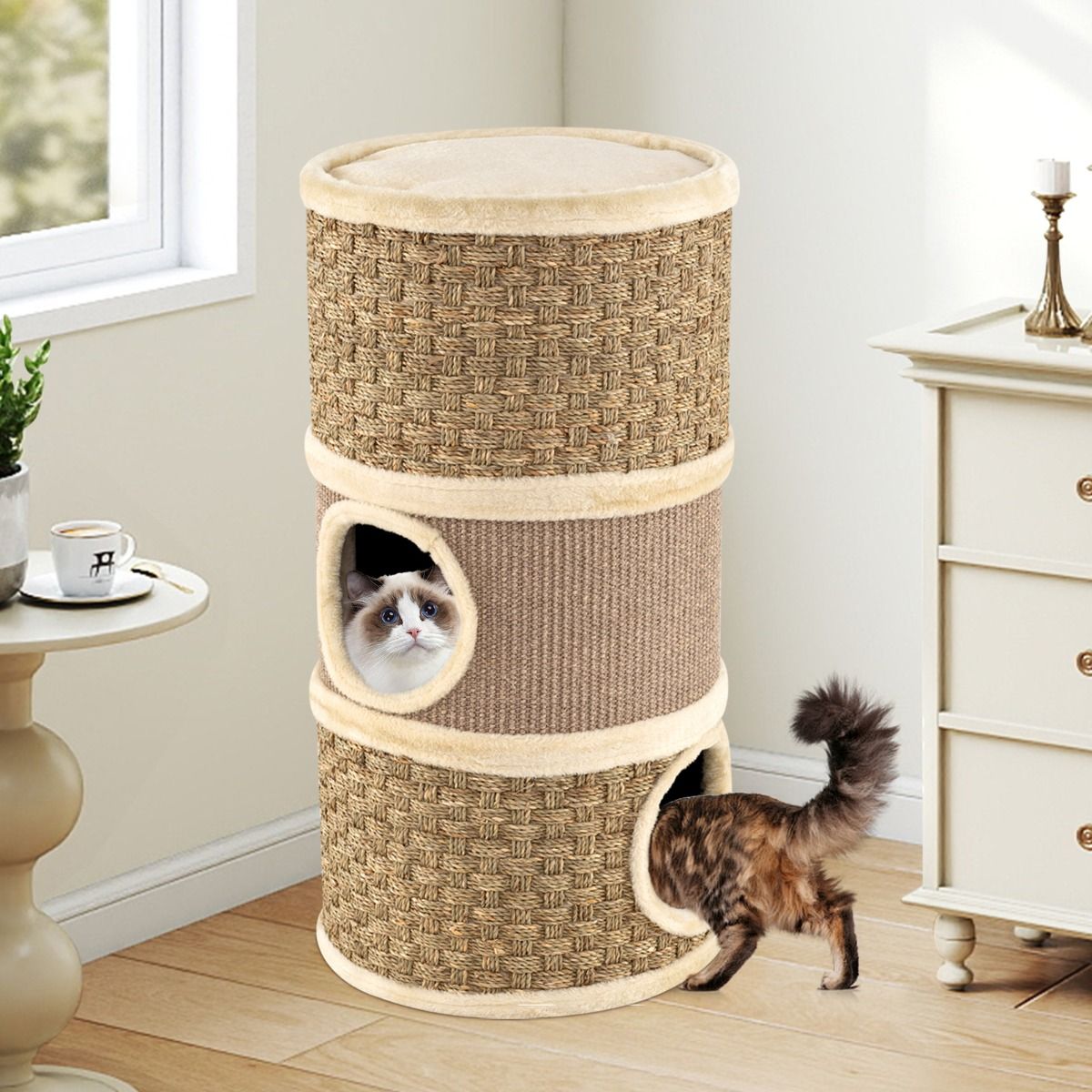 Tour pour chats Coast à 3 étages - poteau à griffer en sisal - coins de repos douillets - kaki et marron - 36 x 36 x 70 cm