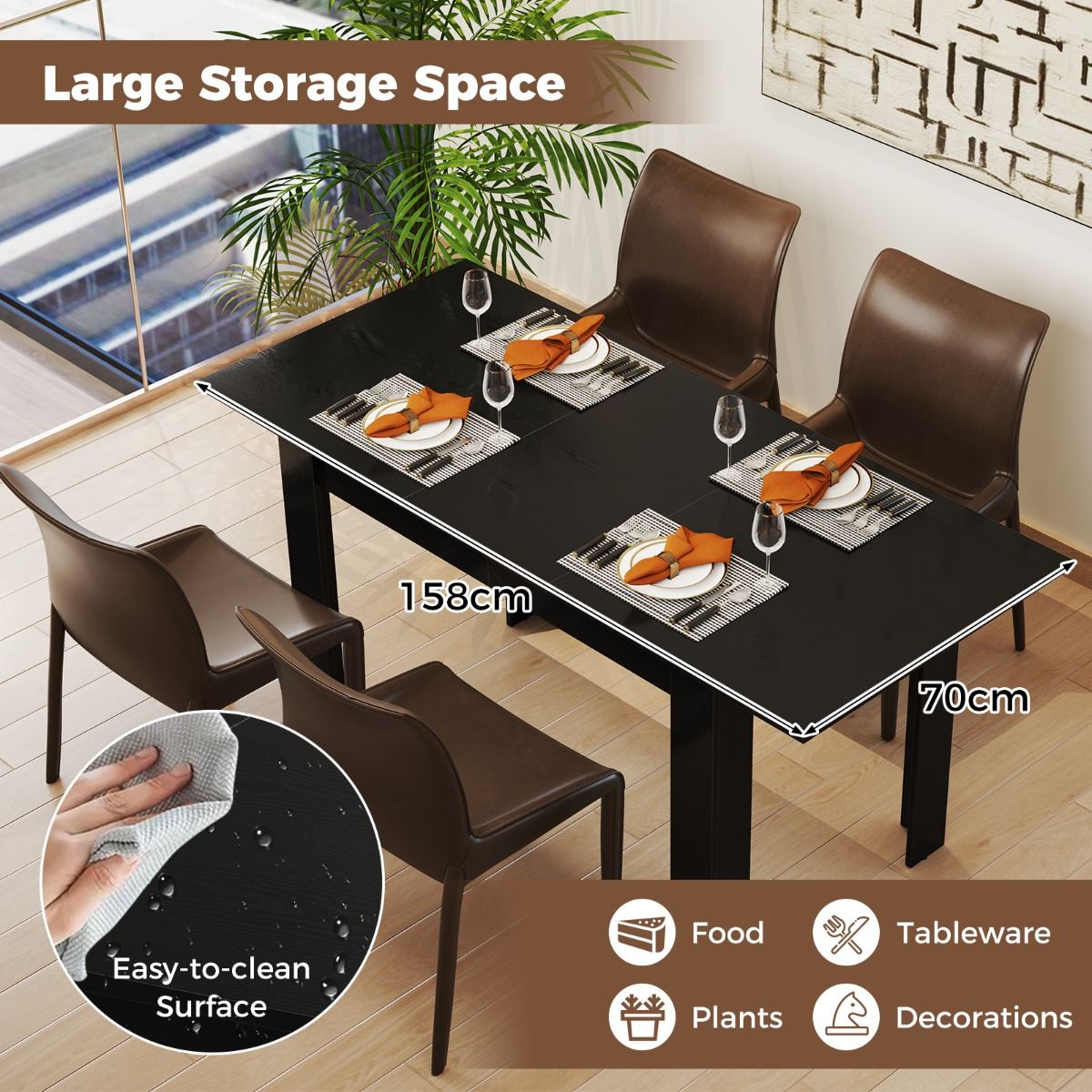 Table à manger extensible Coast - Plateau réglable - Pieds en L - Noir - 158 x 70 x 76 cm