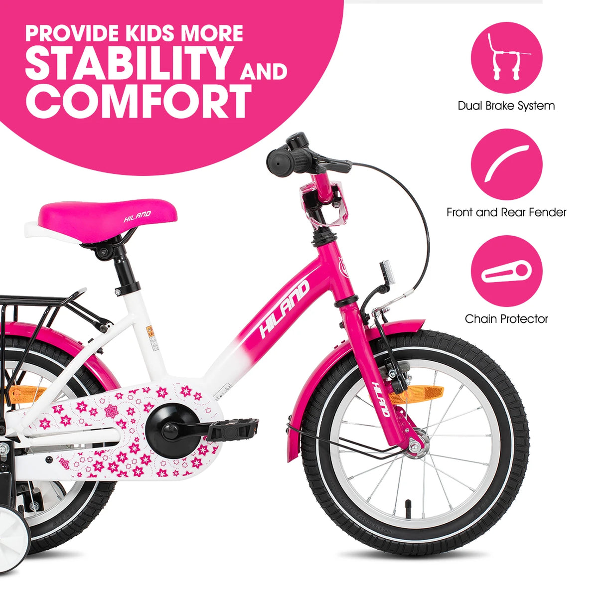 Vélo pour enfant Hiland Starry 12 pouces - Rose - avec roues d'appoint, 2 à 7 ans