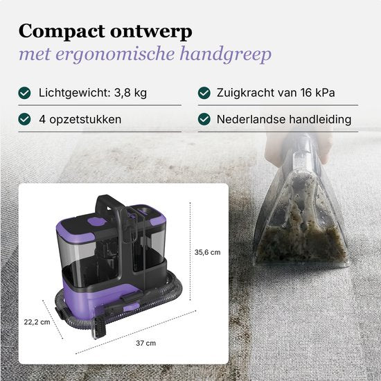 Motionflow Nettoyeur de moquette Go! - Puissant nettoyeur de taches et de canapés de 16 kPa - Appareil de nettoyage pour canapés, sols, voitures et moquettes - Nettoyeur de moquette